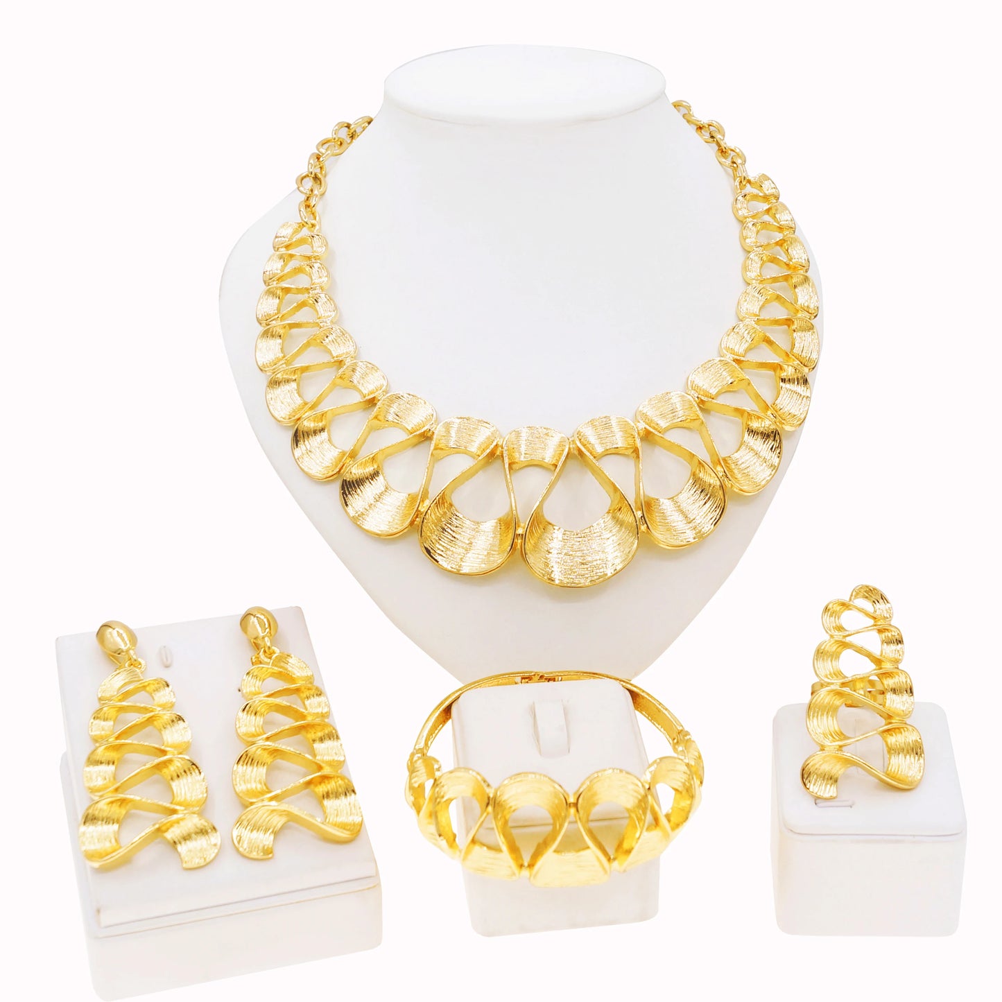 Parure Complète Plaqué Or - Collier, Boucles, Bracelet et Bague Mariage