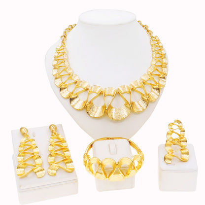 Parure Complète Plaqué Or - Collier, Boucles, Bracelet et Bague Mariage