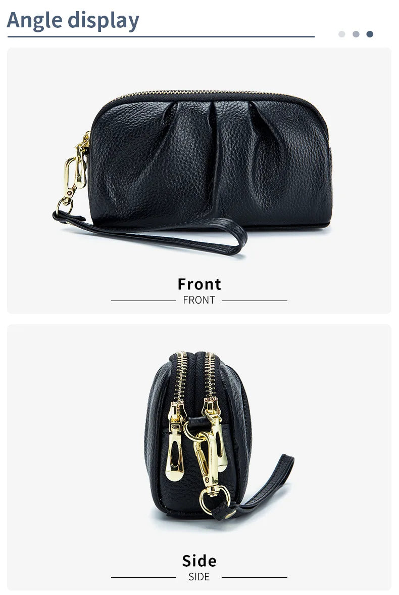 Portefeuille Femme Cuir Véritable Grande Capacité - Porte-Monnaie Long Zippé Multifonction avec Dragonne
