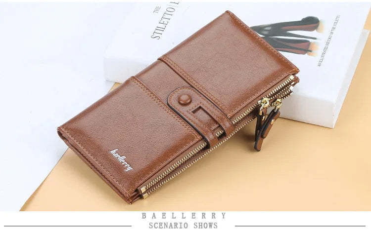 Portefeuille Femme Long Cuir Classique - Porte-Cartes avec Fermeture Éclair