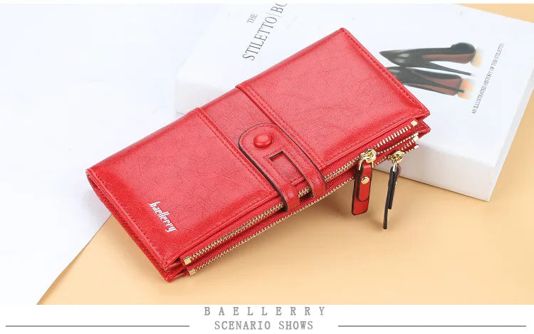 Portefeuille Femme Long Cuir Classique - Porte-Cartes avec Fermeture Éclair