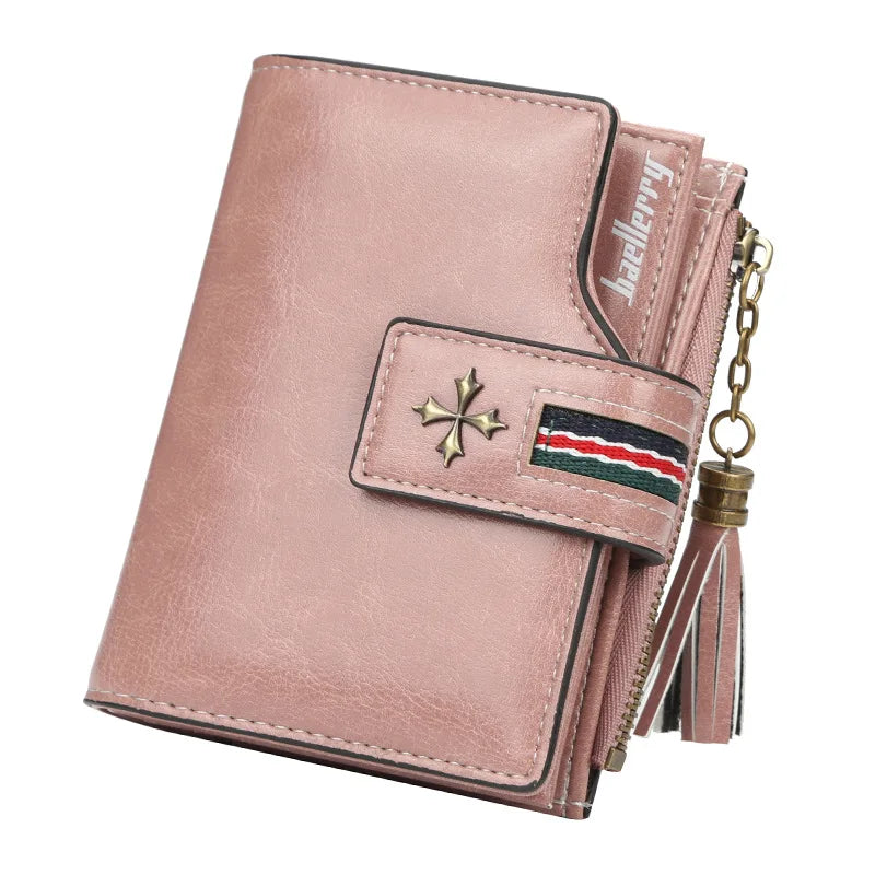 Portefeuille Femme Court Cuir Cire Huile Zippé Hasp - Porte-Carte Crédit Compact Fashion Rose