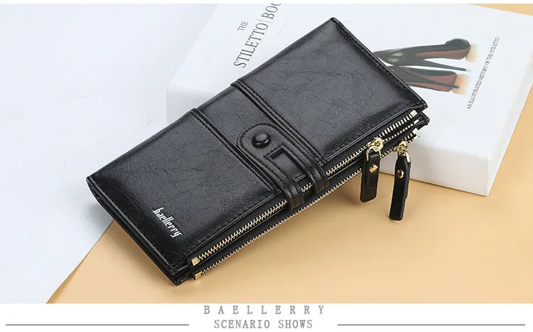 Portefeuille Femme Long Cuir Classique - Porte-Cartes avec Fermeture Éclair