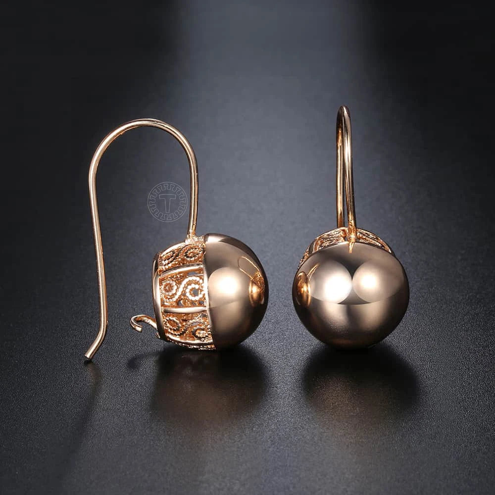 Boucles Oreilles Pendantes Or Rose 585 Zircon - Dangle Ball Cut Out Femme Fille Mariage Soirée Bijoux Cadeaux