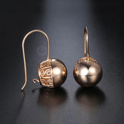 Boucles Oreilles Pendantes Or Rose 585 Zircon - Dangle Ball Cut Out Femme Fille Mariage Soirée Bijoux Cadeaux