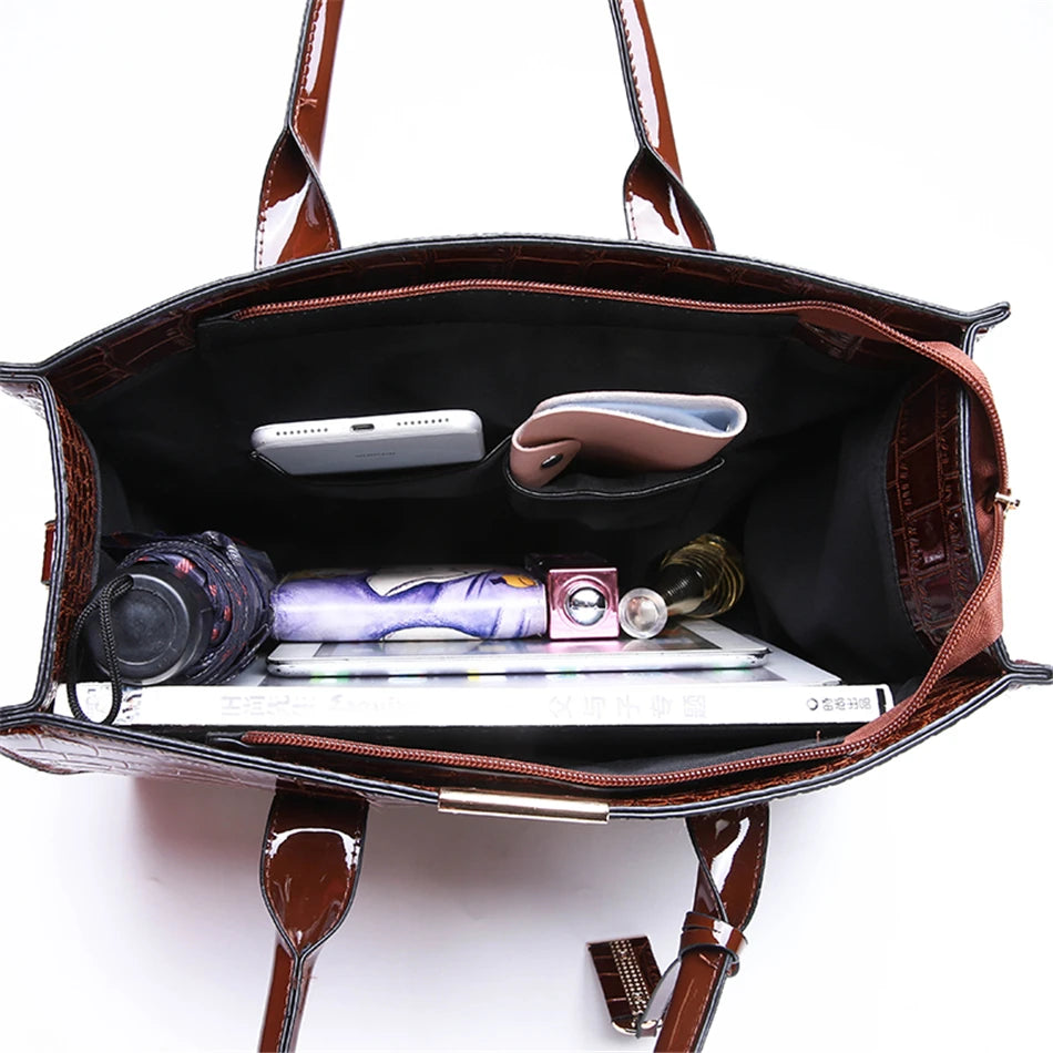 Sac Tote Femme Cuir Verni Motif Crocodile - Luxe Designer Grande Capacité Marron