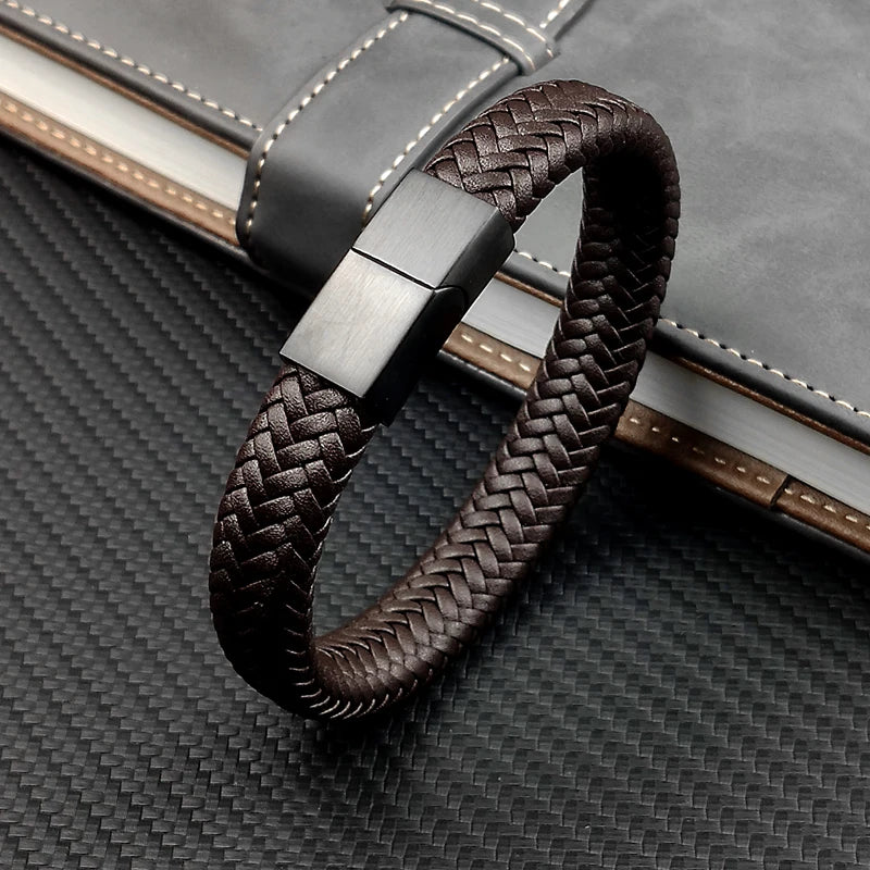 Bracelet en Cuir Tressé 16 Brins - Fermoir Magnétique Acier Inoxydable Unisexe