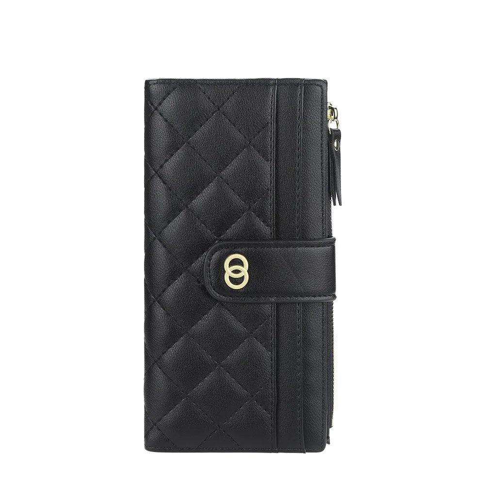 Portefeuille Femme Cuir PU Long Motif Carreaux - Wallet Zipper Porte-Cartes Bleu