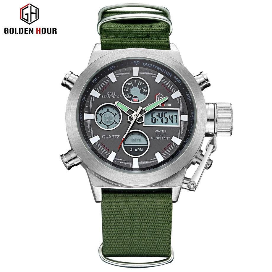 Montre Sport Homme GOLDENHOUR Militaire LED - Quartz Nylon Semaine Armée Relogio Masculino