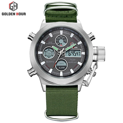 Montre Sport Homme GOLDENHOUR Militaire LED - Quartz Nylon Semaine Armée Relogio Masculino