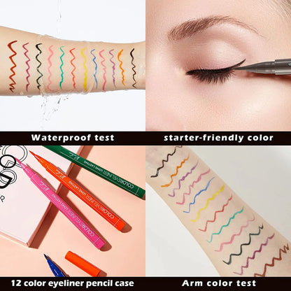 Eyeliner Liquide QIBEST 12 Couleurs Waterproof Matte - Stylo Eye-Liner Longue Tenue Cat Eye