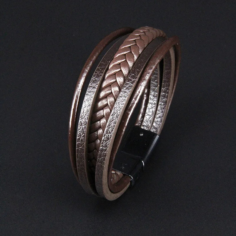 Bracelet Cuir Vachette Multicouche Tressé Homme – Fermoir Magnétique Vintage