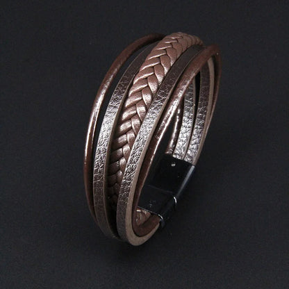 Bracelet Cuir Vachette Multicouche Tressé Homme – Fermoir Magnétique Vintage