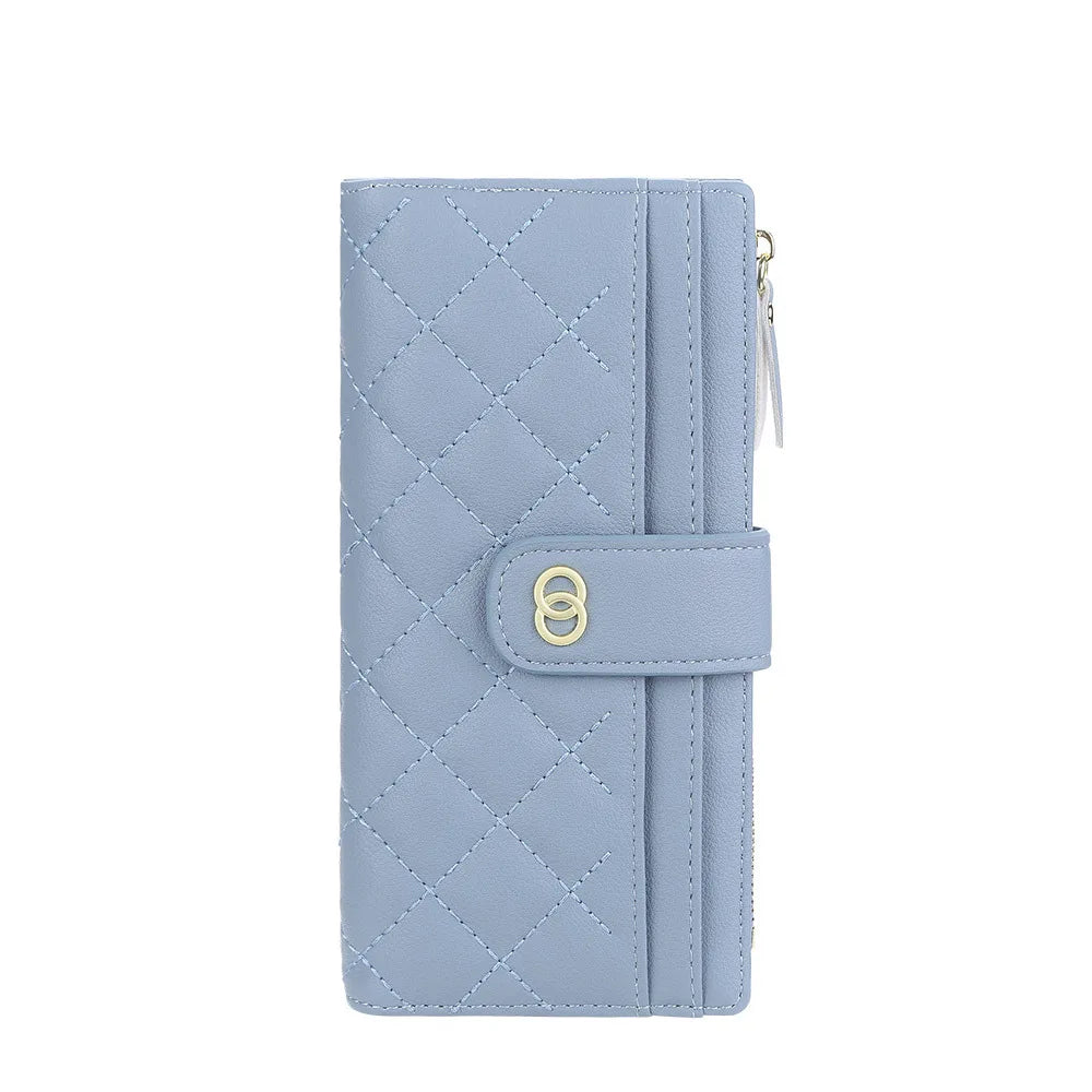 Portefeuille Femme Cuir PU Long Motif Carreaux - Wallet Zipper Porte-Cartes Bleu
