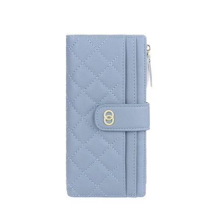 Portefeuille Femme Cuir PU Long Motif Carreaux - Wallet Zipper Porte-Cartes Bleu