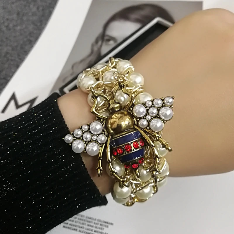 Bracelet Perle Abeille Élastique Luxe Fait Main – Bangle Pierre Semi-Précieuse Soirées Femme