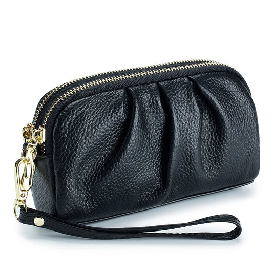 Women's Genuine Leather Wallet - Large Capacity Long Zipped Multifunctional Coin Purse with Wrist Strap
