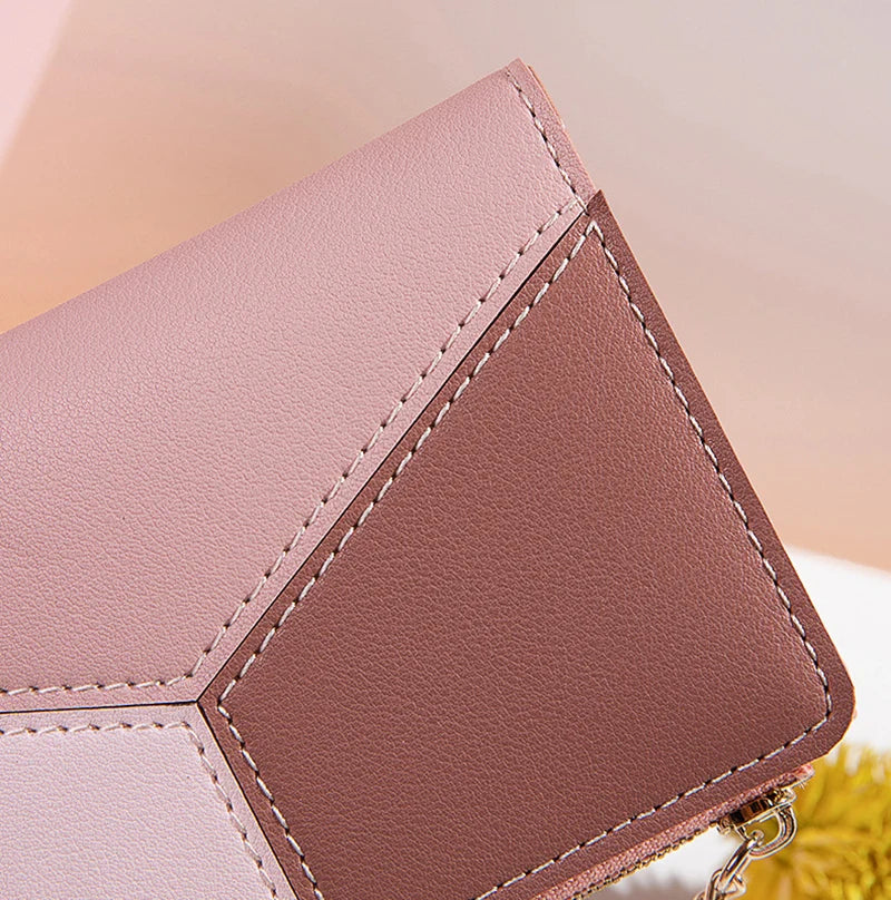 Portefeuille Femme Court avec Pompon - Porte-Monnaie PU Bicolore