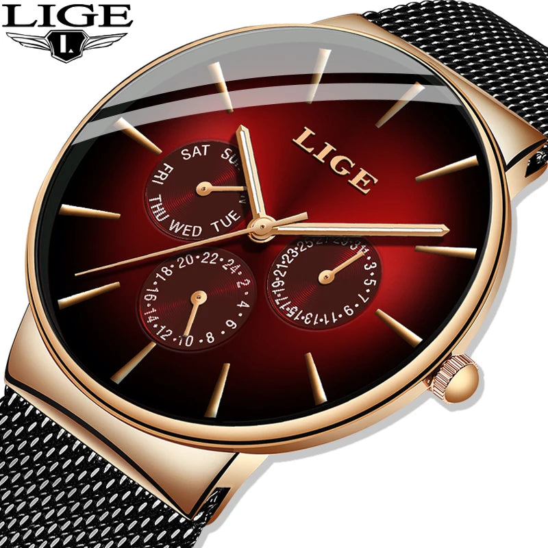 Montre LIGE Homme Quartz - Bracelet Maille Acier Or Rose Vert Ultra-Fine