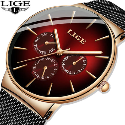 Montre LIGE Homme Quartz - Bracelet Maille Acier Or Rose Vert Ultra-Fine