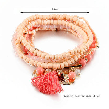 Bracelet Bohème Multicouche Femme - Perles Verre Pampille Or - Bijoux Fantaisie