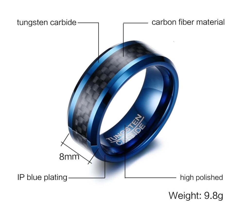 Bague Tungstène Bleu Homme 8mm - Alliance Mariage Fibre Carbone Vnox