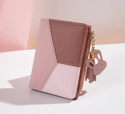 Portefeuille Femme Court avec Pompon - Porte-Monnaie PU Bicolore