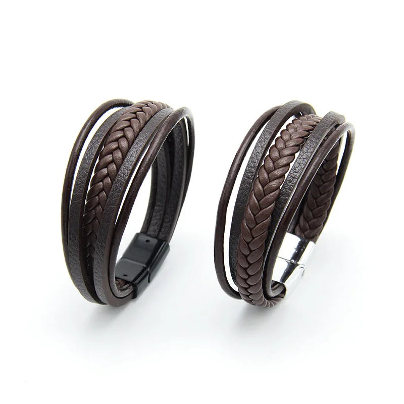 Bracelet Cuir Vachette Multicouche Tressé Homme – Fermoir Magnétique Vintage