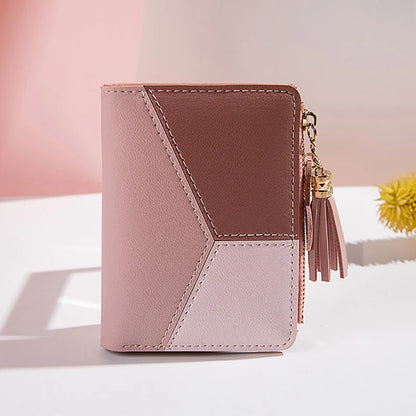Portefeuille Femme Court avec Pompon - Porte-Monnaie PU Bicolore
