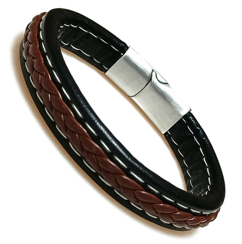 Bracelet Cuir Tressé Wrap Punk – Fermoir Magnétique Caché Acier Inox Femme