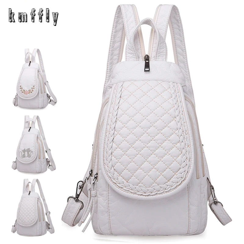 Sac à Dos Femme Cuir Blanc Souple - Backpack École Voyage Élégant Lavé