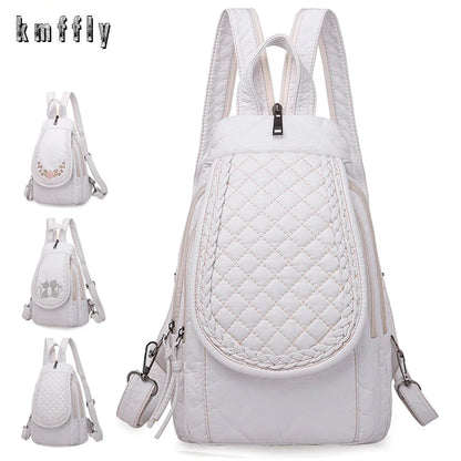 Sac à Dos Femme Cuir Blanc Souple - Backpack École Voyage Élégant Lavé