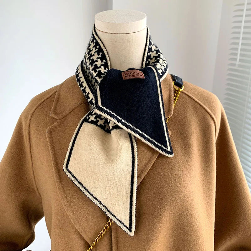 Foulard Écharpe Pied-de-Poule Luxe Femme - Tricot Long Mince Hiver Cou