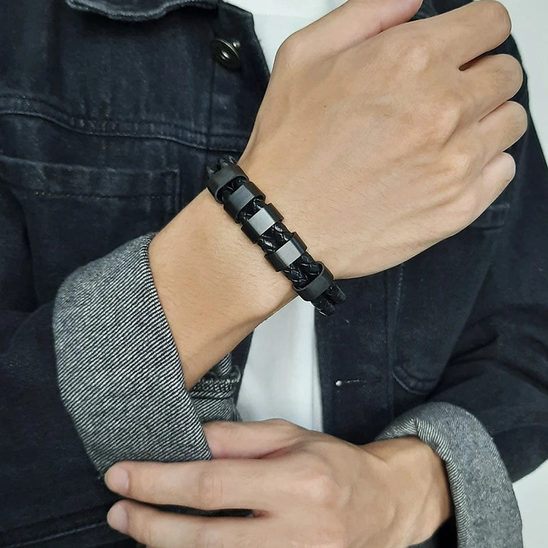 Bracelet Cuir Tressé Noir Homme Personnalisé - Perles Gravure Prénom Famille - Bijou Inspirant