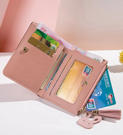 Portefeuille Femme Court avec Pompon - Porte-Monnaie PU Bicolore