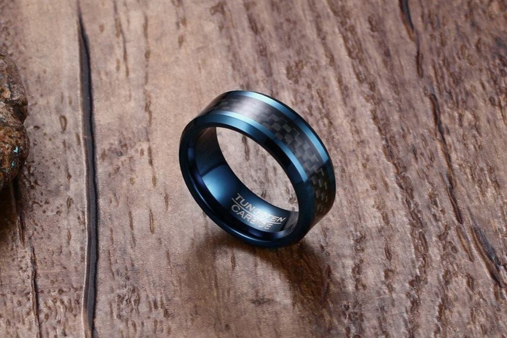 Bague Tungstène Bleu Homme 8mm - Alliance Mariage Fibre Carbone Vnox