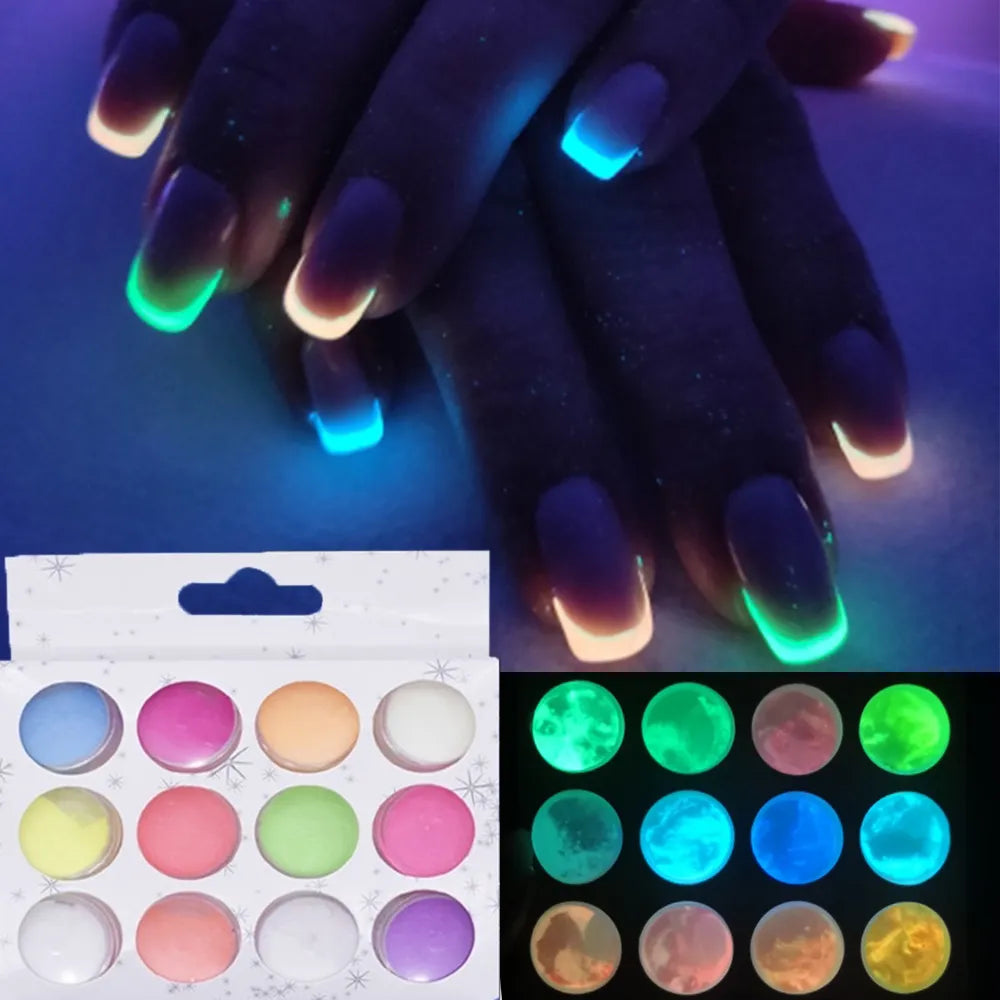 Set 12 Poudres Phosphorescentes Ongles Luminescentes - Paillettes Glow in Dark Nail Art Halloween Noël