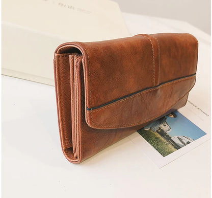 Portefeuille Femme Vintage Cuir PU Long Trifold - Pochette avec Fermoir et Compartiment Téléphone