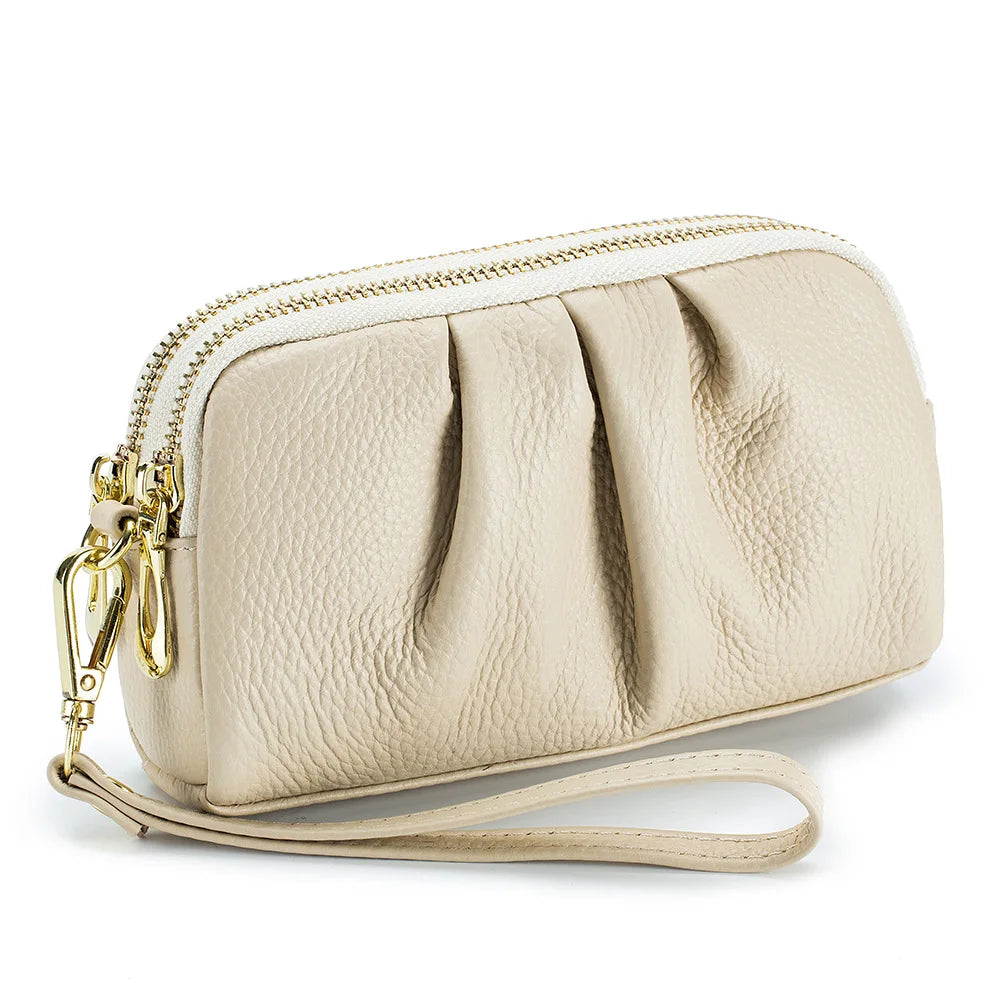 Portefeuille Femme Cuir Véritable Grande Capacité - Porte-Monnaie Long Zippé Multifonction avec Dragonne