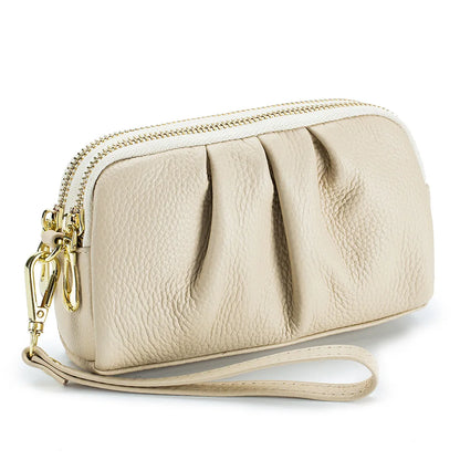 Portefeuille Femme Cuir Véritable Grande Capacité - Porte-Monnaie Long Zippé Multifonction avec Dragonne