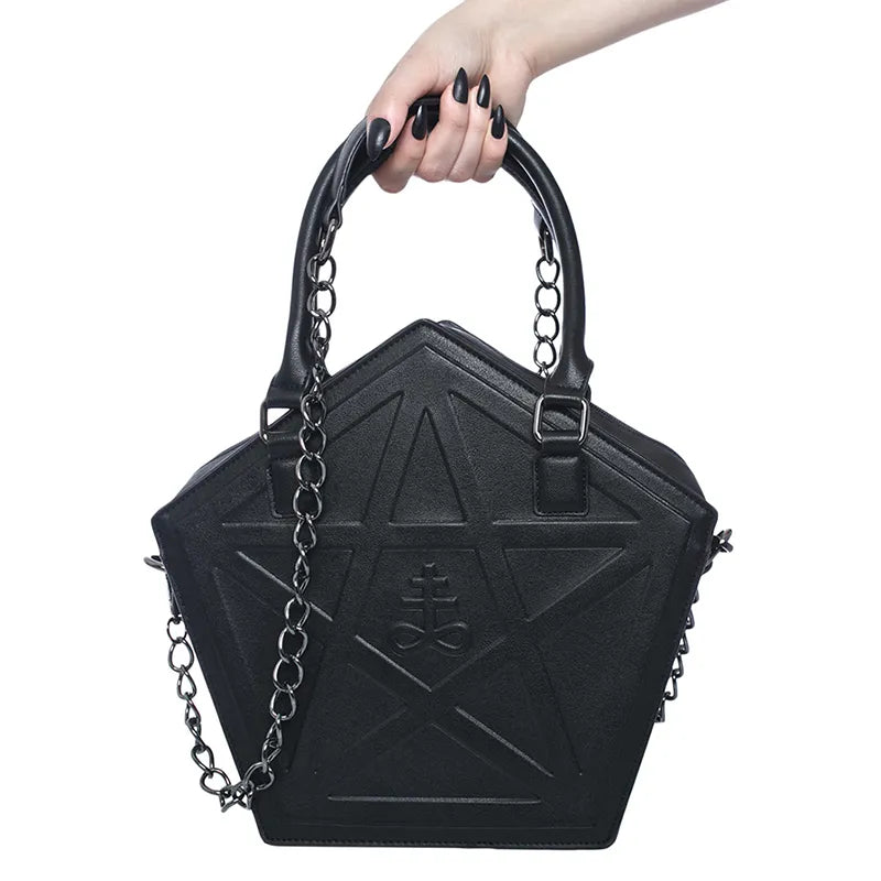 Sac à Main Gothique Pentagramme Punk - Étoile Noir Cuir PU Chaîne Femme