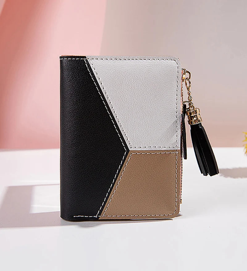 Portefeuille Femme Court avec Pompon - Porte-Monnaie PU Bicolore