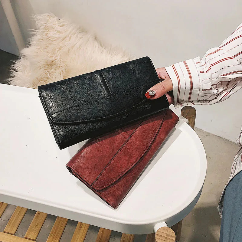 Portefeuille Femme Vintage Cuir PU Long Trifold - Pochette avec Fermoir et Compartiment Téléphone