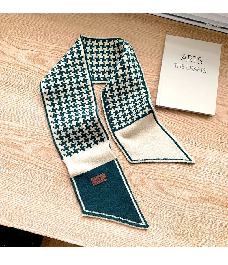 Foulard Écharpe Pied-de-Poule Luxe Femme - Tricot Long Mince Hiver Cou
