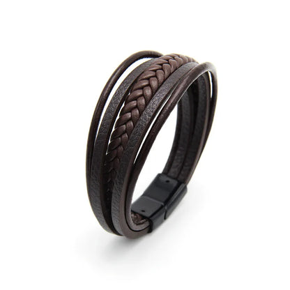 Bracelet Cuir Vachette Multicouche Tressé Homme – Fermoir Magnétique Vintage