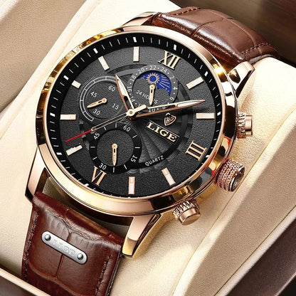 Montre Homme LIGE Luxe Cuir Quartz Étanche - Sport Casual Chronographe Relogio Masculino
