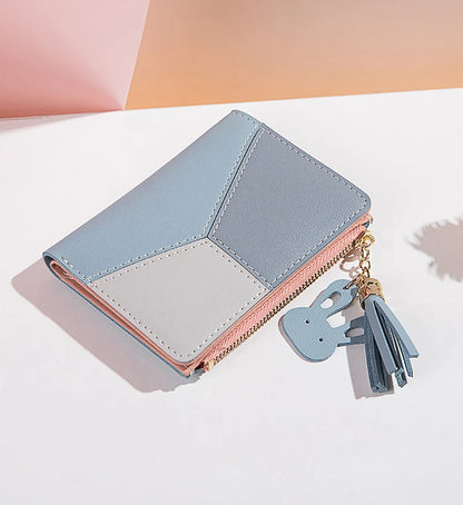 Portefeuille Femme Court avec Pompon - Porte-Monnaie PU Bicolore