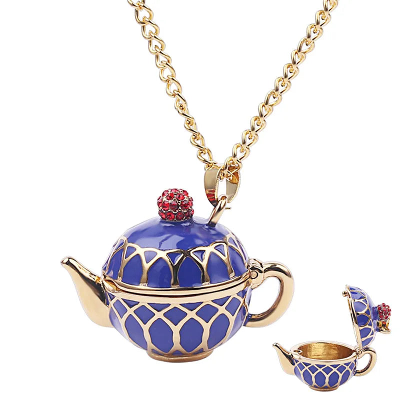 Collier Pendentif Tasse Thé Émail Fait Main - Chaîne Longue Pull Bohème