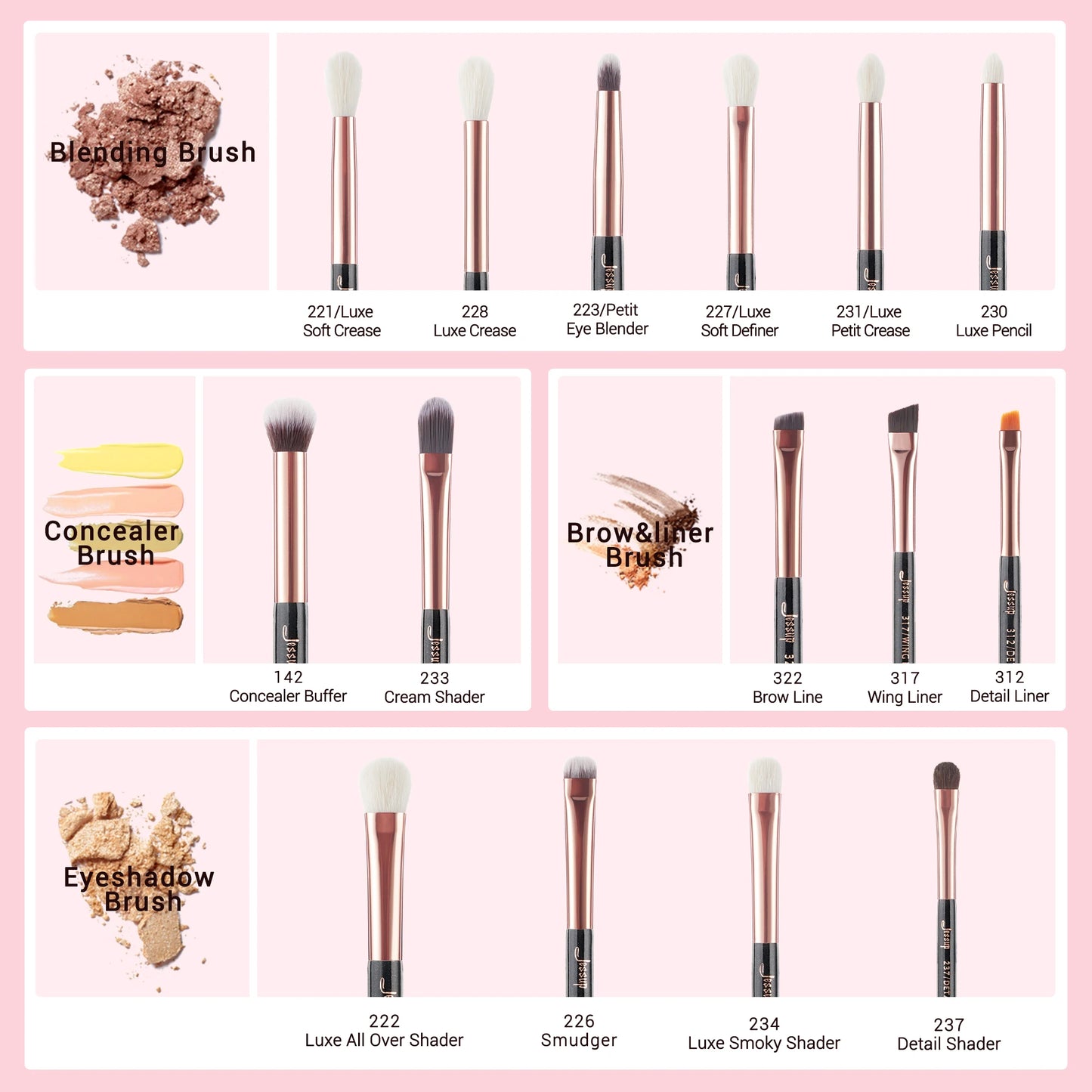 Set Pinceaux Maquillage Jessup 15pcs T157 Rose Gold/Noir - Poils Naturels Synthétiques Pro