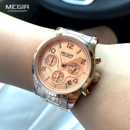 Montre MEGIR Femme Chronographe - Quartz Or Rose Luxe Bracelet Acier